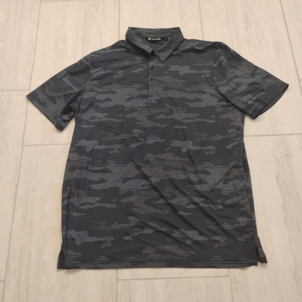 Travis Mathew Mens Golf Polo Shirt XXL 2XL Gray Camo Las Sendas Logo Performance